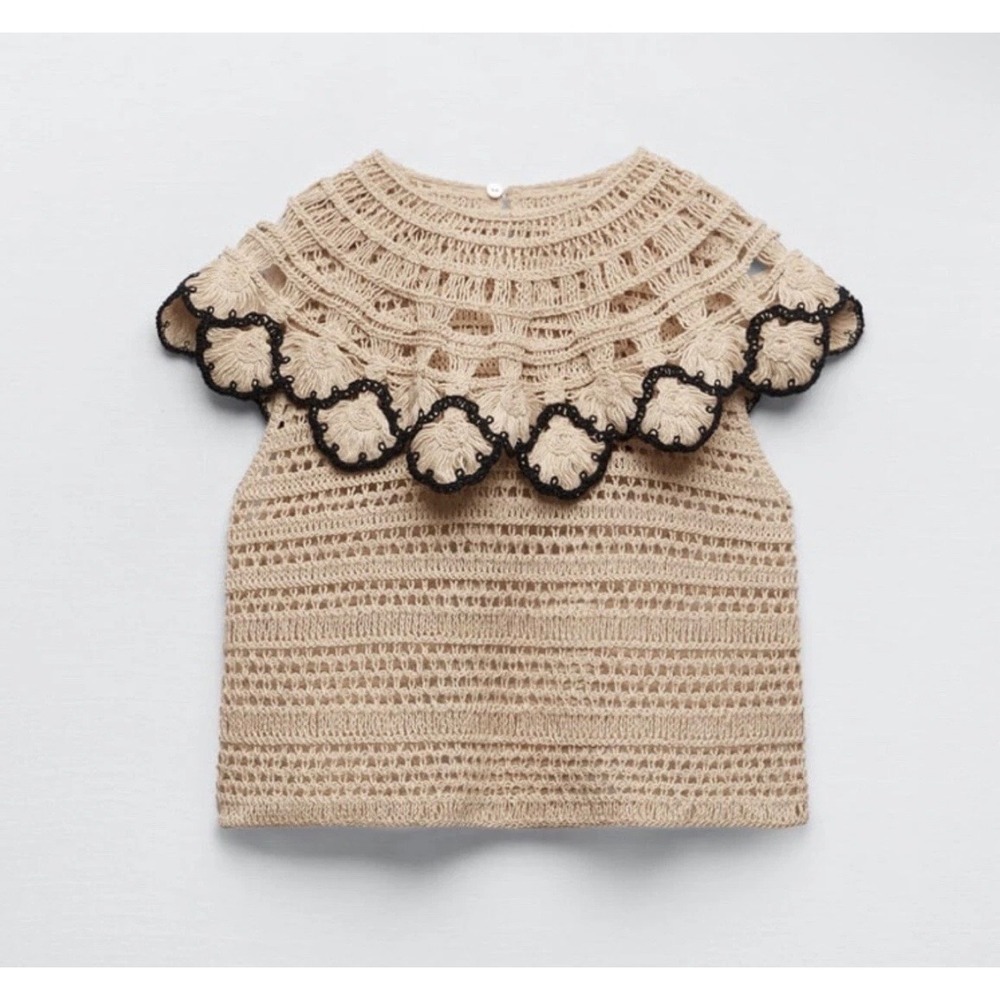 Zara Womens Open Knit Crochet Bib Top Medium Boggers Favorite Coastal Boho Tan